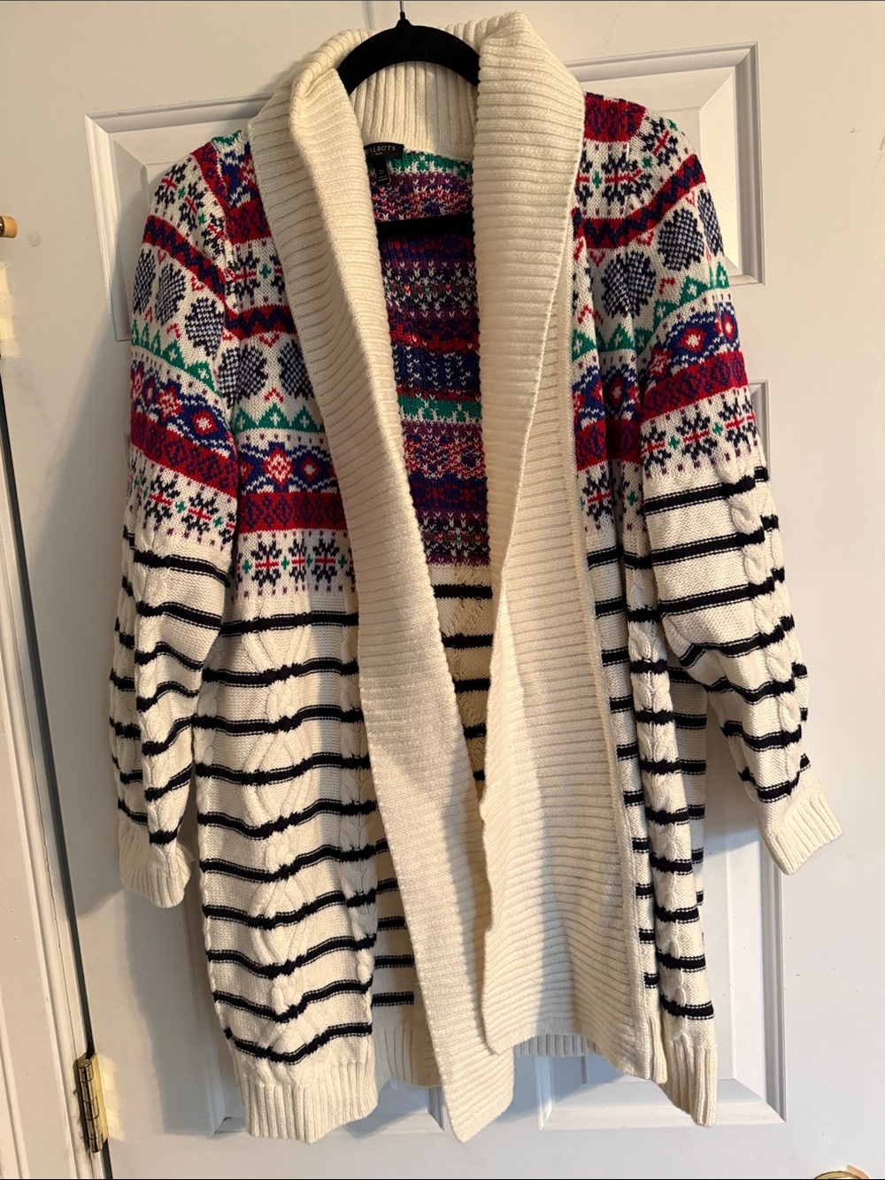 Talbots Cream Fair Isle & Black Stripe Shawl Collar Cardigan